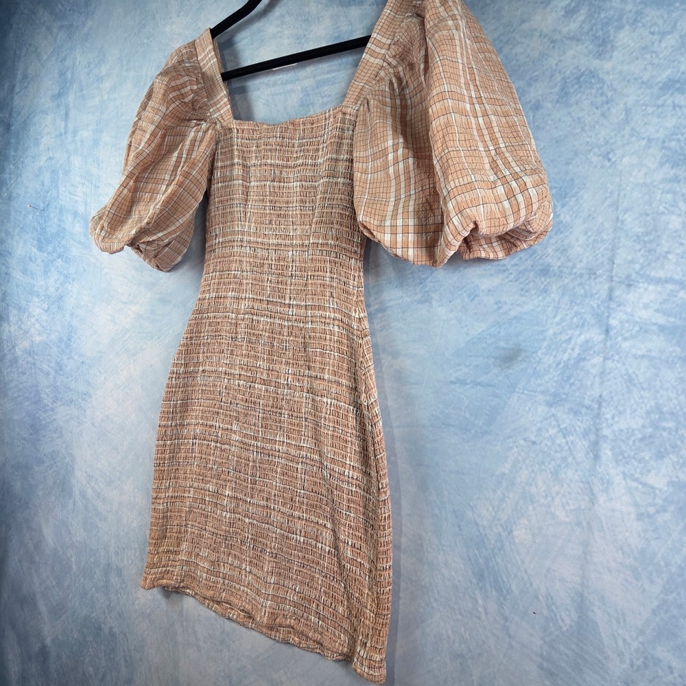 Atoir Fool To Love Dress Peach Plaid Smocked Puff Sleeve Mini Dress Sz 4 - Picture 8 of 8